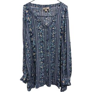 Style & Co BOHO Top Womens Size 2X Blue Floral Long Sleeve Cottagecore Casual